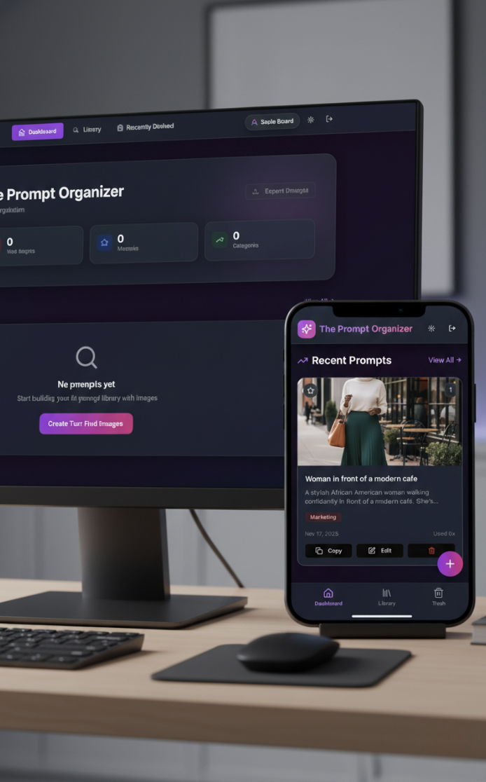 Clean, organized prompt library interface showing the 3-step process in action